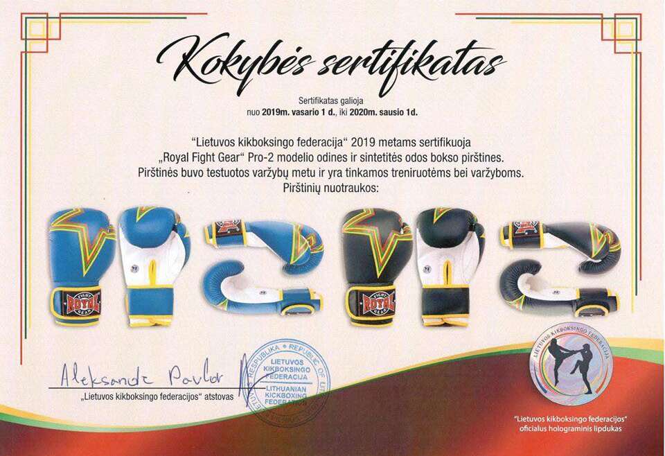 “Lietuvos kikboksingo federacija“ sertifikavo „Royal“ Pro-2 bokso pirštines